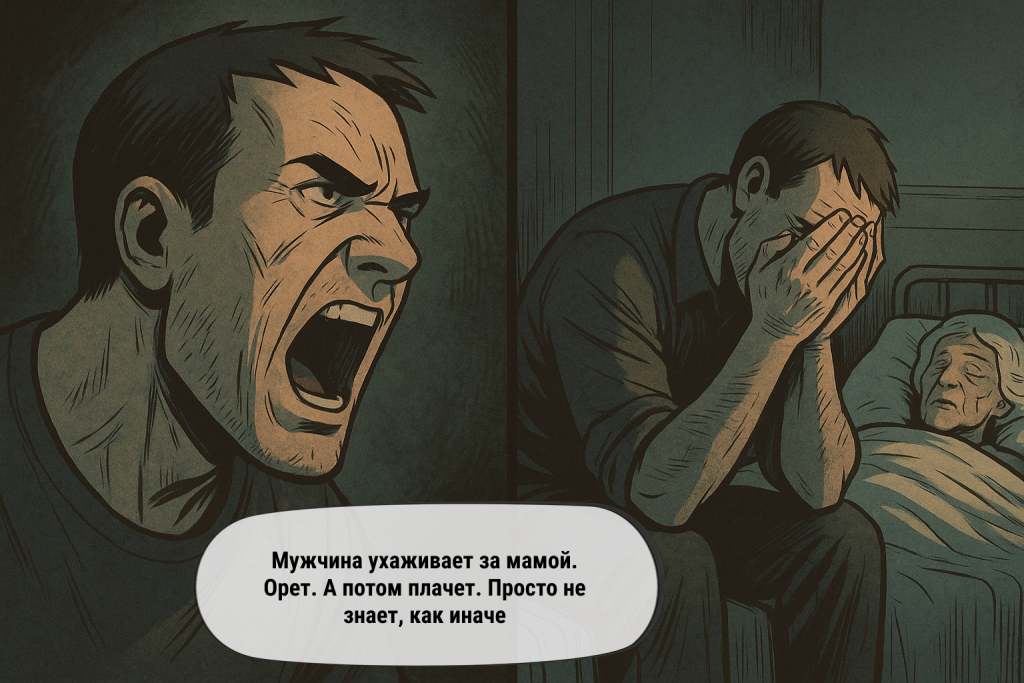 Мужчина ухаживает за мамой. Орет. А потом плачет. Просто не знает, как иначе