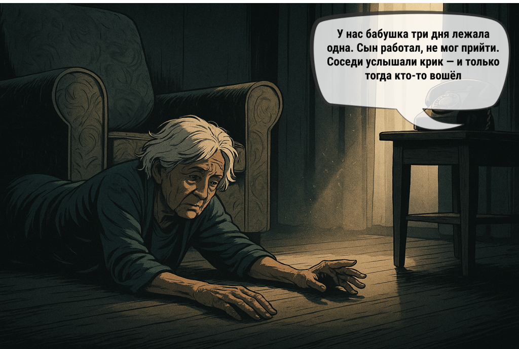 У нас бабушка три дня лежала одна. Сын работал, не мог прийти. Соседи услышали крик — и только тогда кто-то вошёл